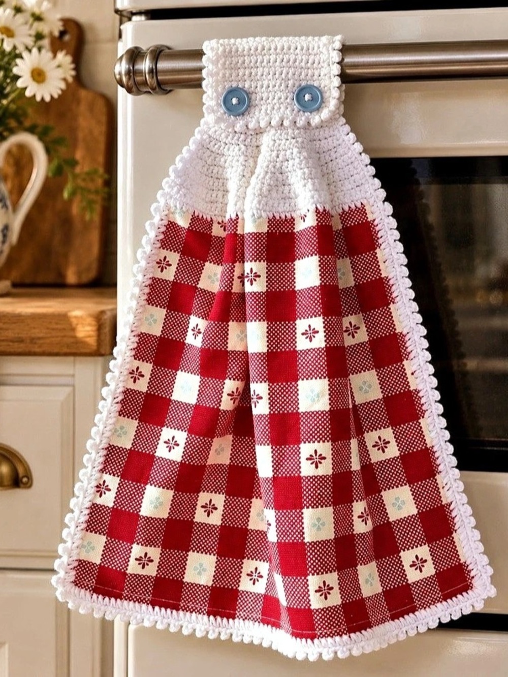 Artisan Handmade Crochet Hanging Kitchen Towel Red White Check Blue Buttons